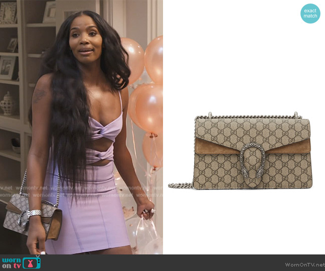 Gucci Beige & Brown GG Supreme Small Dionysus Bag worn by Kellie on The Real Housewives of Potomac