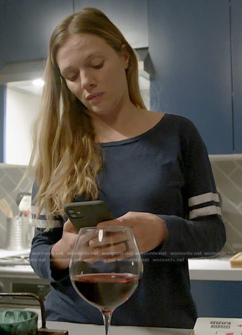 Hailey’s navy striped sleeve tee on Chicago PD