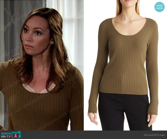 Halogen Rib Scoop Neck Sweater in Olive Italy worn by Gwen Rizczech (Emily O'Brien) on Days of our Lives