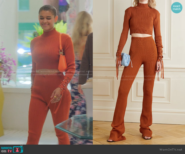 Herve Leger Cropped Lace-Up Ribbed-Knit Turtleneck Top worn by Julien Calloway (Jordan Alexander) on Gossip Girl