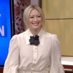 Hillary Duff’s white floral applique blouse on Live with Kelly and Ryan