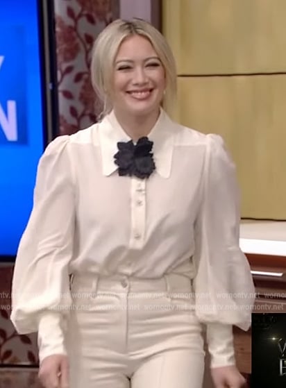 Hillary Duff’s white floral applique blouse on Live with Kelly and Ryan