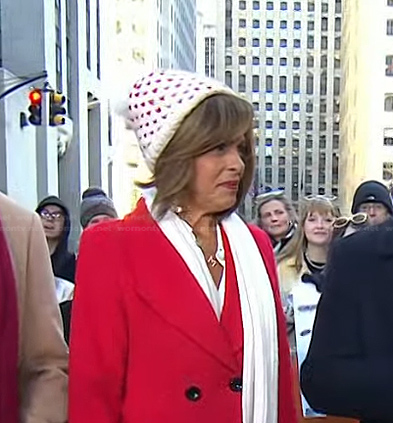 Hoda’s white heart knit pom pom beanie on Today