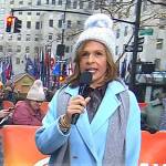 Hoda’s light blue coat and pom pom beanie on Today