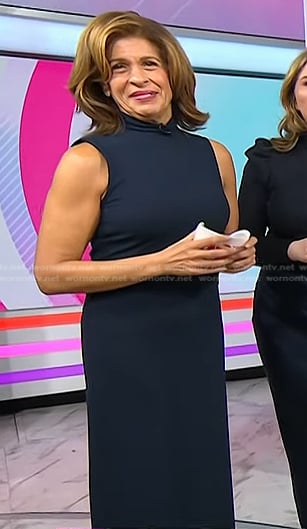 Hoda’s navy tie waist sleeveless dress on Today