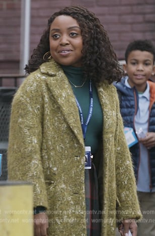 Janine’s mustard jacquard coat on Abbott Elementary