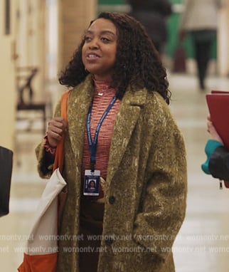 Janine’s mustard jacquard coat on Abbott Elementary