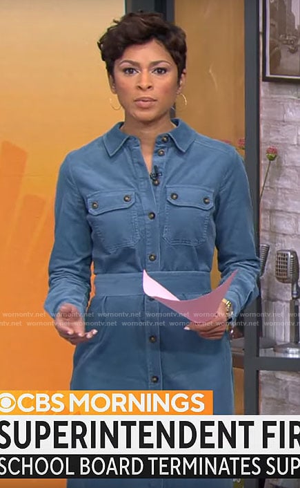 Jericka Duncan’s blue corduroy shirtdress on CBS Mornings