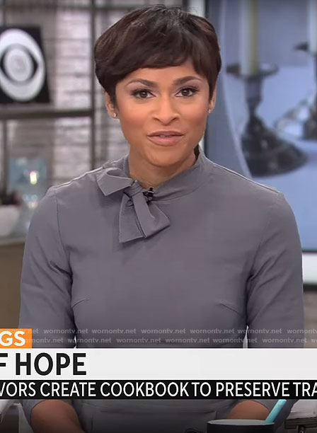 Jericka Duncan’s grey bow neck dress on CBS Mornings