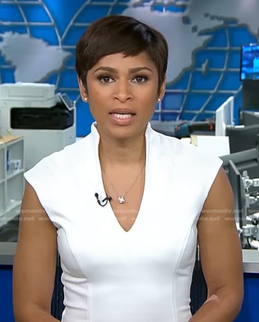 Jericka’s white v-neck dress on CBS Evening News