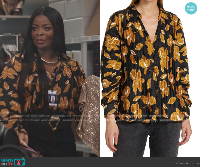 Jonathan Simkhai Winslow Pleated Floral Shirt worn by Ava Coleman (Janelle James) on Abbott Elementary
