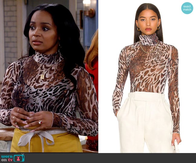 Jonathan Simkhai Asher Top in Champagne Abstract Leopard worn by Randi (Kyla Pratt) on Call Me Kat