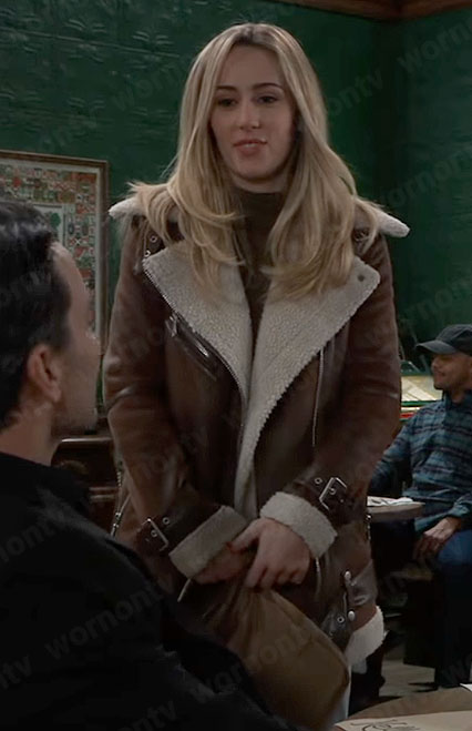 Josslyn’s brown leather and sherpa biker jacket on General Hospital