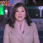 Juju Chang’s beige wrap short coat on Good Morning America