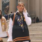 Julien’s navy oversized vest and beige boots on Gossip Girl