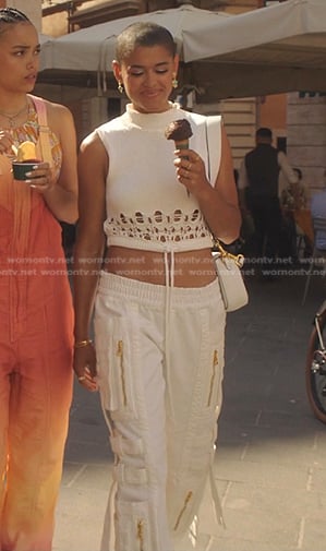 Julien’s white cropped knit top and cargo pants on Gossip Girl