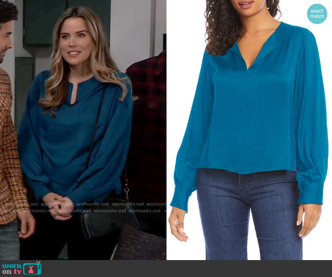 Karen Kane Split Neck Blouse in Teal worn by Sasha Gilmore (Sofia Mattsson) on General Hospital