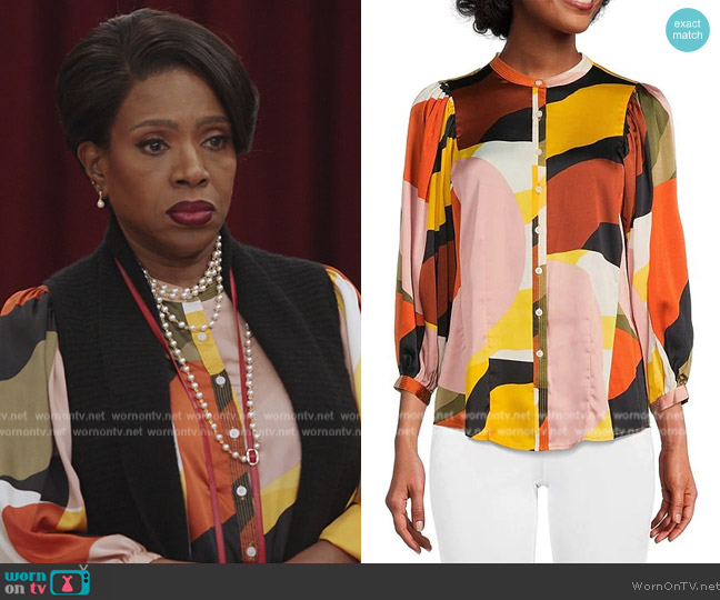 Karl Lagerfeld Paris 3/4 Blouson Sleeve Multicolor Printed Crew Neck Button Front Blouse worn by Barbara Howard (Sheryl Lee Ralph) on Abbott Elementary