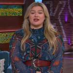 Kelly’s blue tapestry embroidered maxi dress on The Kelly Clarkson Show