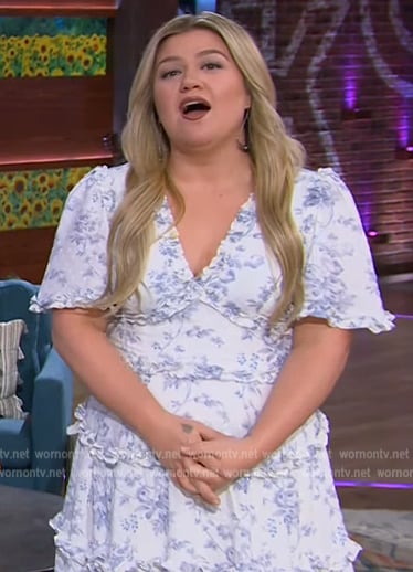 Kelly’s white floral ruffle trim dress on The Kelly Clarkson Show
