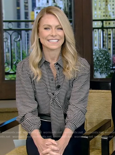 Kelly’s printed tie neck blouse and skirt on Live with Kelly and Mark