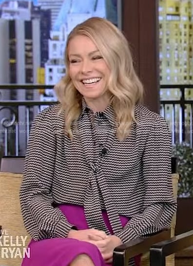 Kelly’s printed tie neck blouse on Live with Kelly and Ryan