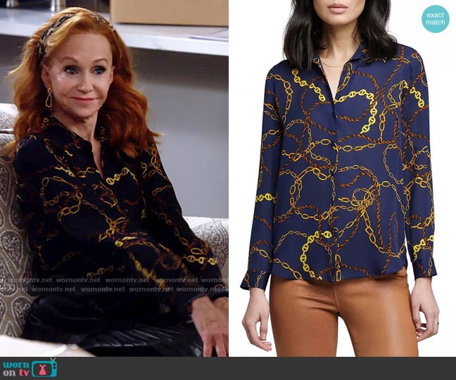 L'Agence Nina Shirt in Midnight Gold Lasso worn by Sheila (Swoosie Kurtz) on Call Me Kat