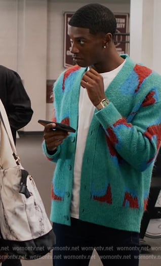 Lando’s blue cashmere printed cardigan on All American Homecoming