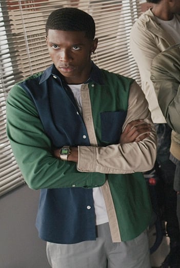 Lando’s green and blue colorblock shirt on All American Homecoming