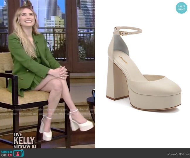 Larroude Ari Leather Ankle-Strap Platform Pumps worn by Emma Roberts on Live with Kelly and Mark