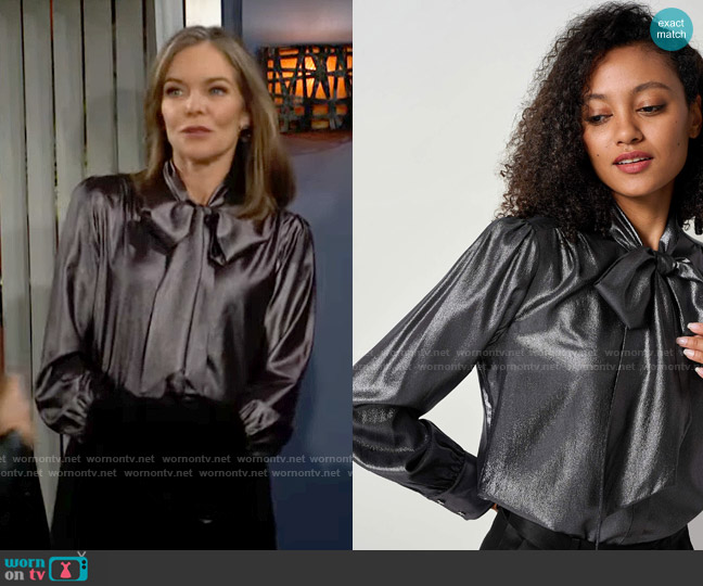Lily Silk LILYSHEENA® Sophisticated Bow Tie Bronze Silk Blouse in Galaxy worn by Diane Jenkins (Susan Walters) on The Young and the Restless