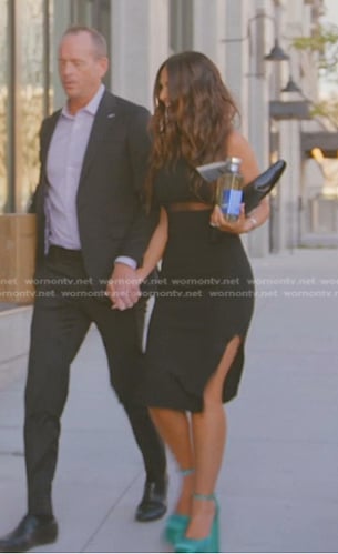 Lisa’s black mesh inset dress on The Real Housewives of Salt Lake City