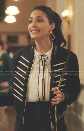 Luna’s white tie neck blouse and military jacket on Gossip Girl