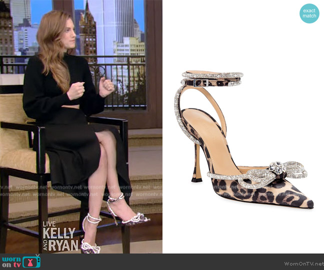 Mach & Mach Double Bow crystal-embellished leopard-print satin point-toe pumps worn by Allison Williams on Live with Kelly and Mark