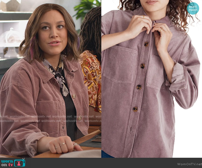 Madewell Corduroy Kentwood Oversize Shirt Jacket worn by Sarah (Caitlin McGee) on Home Economics