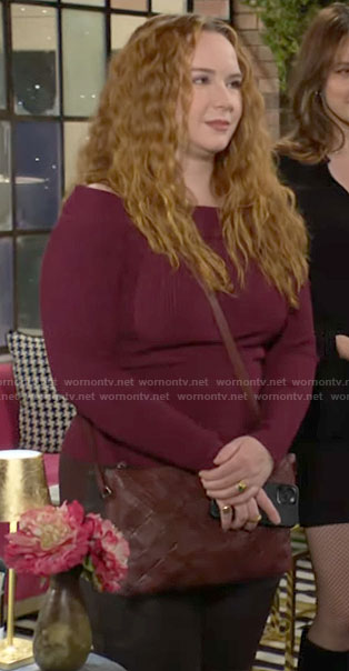 Mariah’s burgundy off-shoulder knit top on The Young and the Restless