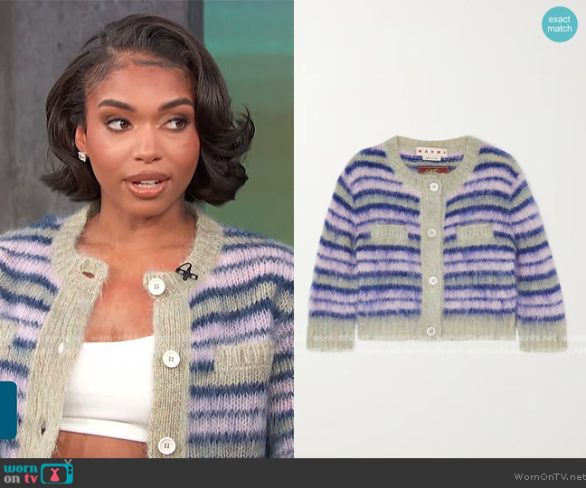 Marni Striped Crop Fuzzy Mohair Cardigan worn by Lori Harvey on Access Hollywood