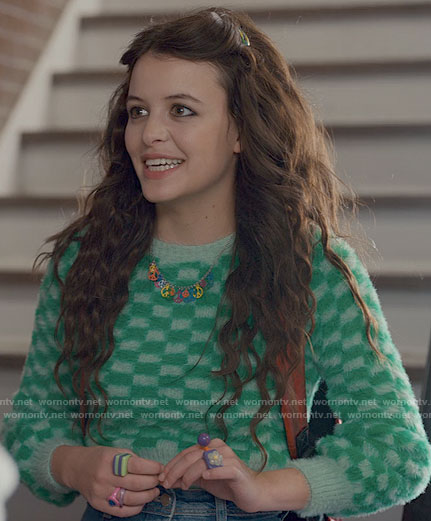Maxine’s green checkerboard sweater on Ginny & Georgia