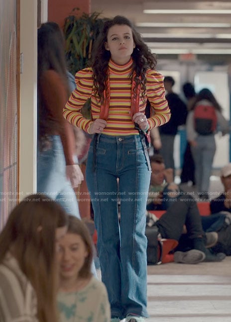 Maxine’s striped puff sleeve top and flare jeans on Ginny & Georgia
