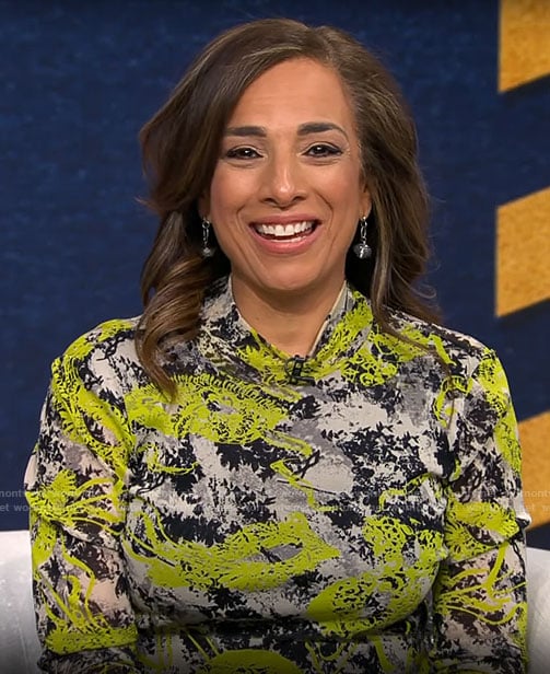 Michelle Miller’s abstract print turtleneck top on CBS Mornings