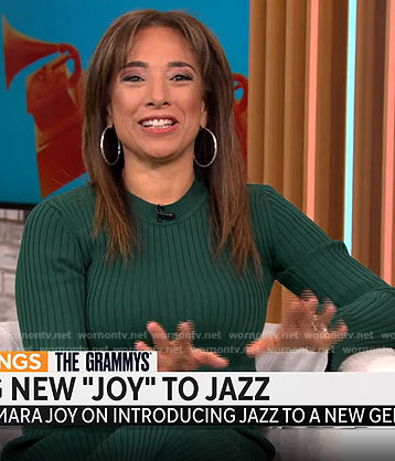 Michelle Miller’s green sweater dress on CBS Saturday Morning