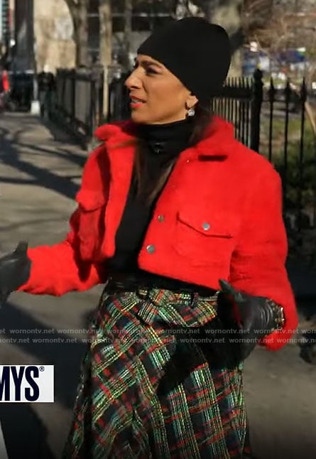 Michelle Miller’s plaid tweed shirt and cropped red jacket on CBS Mornings