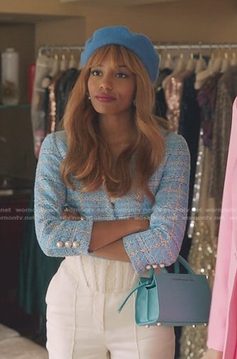 Monet’s blue tweed cropped jacket on Gossip Girl