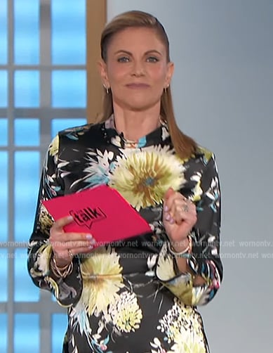 Natalie’s black floral print satin dress on The Talk