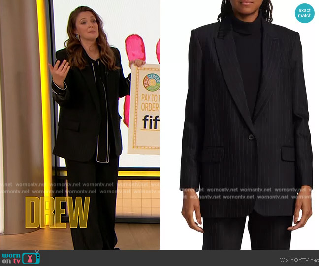 Nili Lotan Diane Single-Breasted Pinstriped Blazer worn by Drew Barrymore on The Drew Barrymore Show