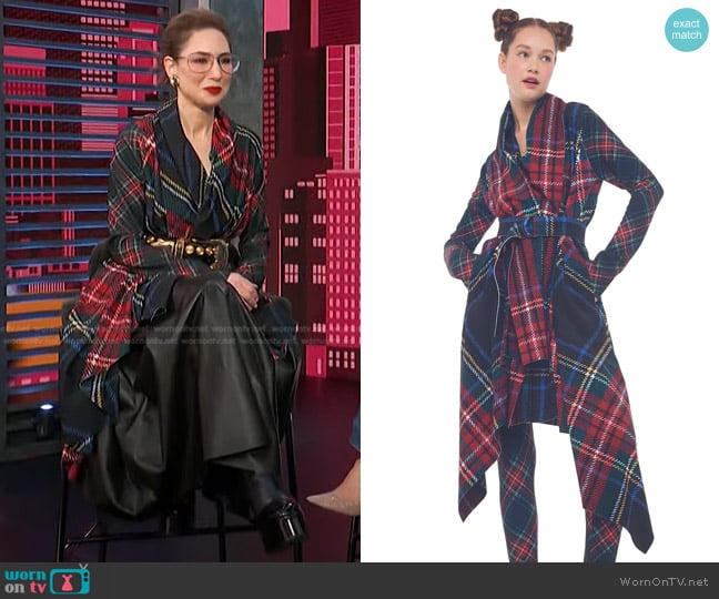 Norma Kamali Uneven Blanket Coat in Black Tartan worn by Carla Rockmore on Access Hollywood