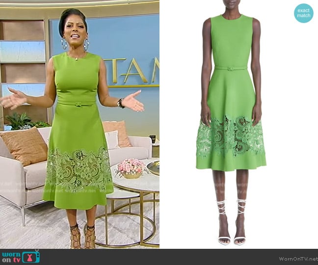 Oscar de la Renta Belted Lace-Insert Midi-Dress worn by Tamron Hall on Tamron Hall Show