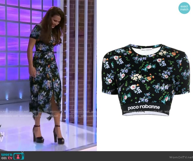 Paco Rabanne Floral-print crop-top worn by Melia Kreiling on The Kelly Clarkson Show