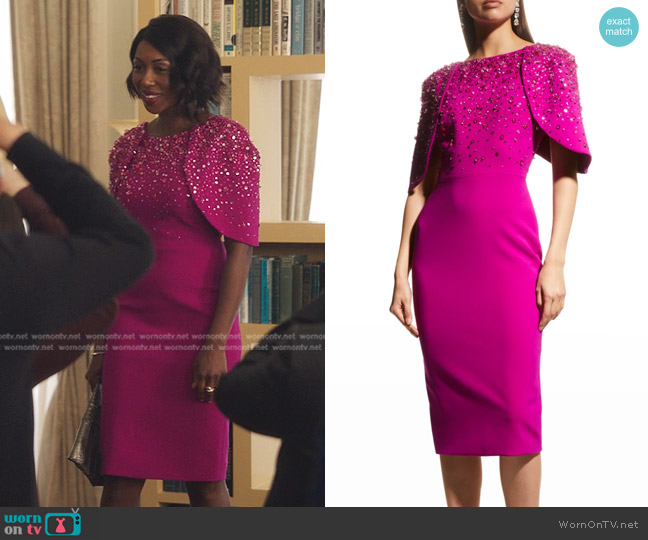 Pamella Roland Bead Embroidery Cape-Sleeve Crepe Midi Dress worn by Camille de Haan (Amanda Warren) on Gossip Girl