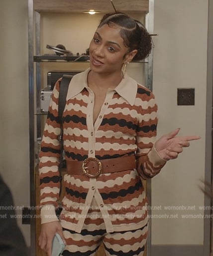 Patience’s brown patterned cardigan and pants on All American